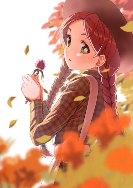 Anime picture 724x1024 with anne of green gables nippon animation anne shirley neko (hansinn) single long hair tall image looking at viewer green eyes upper body braid (braids) looking back orange hair twin braids plaid freckles girl flower (flowers) hat leaf (leaves)