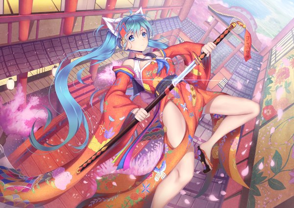 Anime picture 1414x1000 with vocaloid hatsune miku kr (sapphire) single looking at viewer light erotic twintails animal ears very long hair traditional clothes japanese clothes aqua eyes aqua hair bare legs cherry blossoms girl weapon detached sleeves petals sword