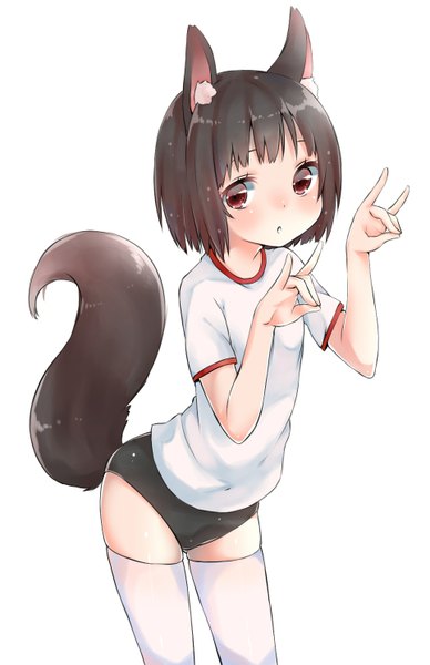 Anime picture 963x1488 with original rima (rimarip) single tall image looking at viewer blush short hair open mouth light erotic black hair standing white background brown eyes animal ears tail animal tail loli flat chest fox shadow puppet girl