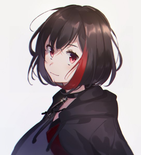 Anime picture 1000x1100 with bang dream! mitake ran unapoppo single tall image looking at viewer fringe short hair black hair simple background red eyes white background upper body multicolored hair open jacket two-tone hair streaked hair girl choker jacket