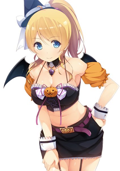 Anime picture 600x849 with love live! school idol project sunrise (studio) love live! ayase eli siva (executor) single long hair tall image fringe breasts blue eyes light erotic blonde hair smile bare shoulders ponytail leaning leaning forward halloween bat wings