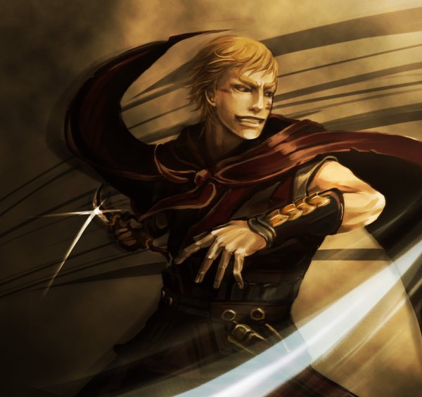 Anime picture 1428x1344 with sword of the stranger luo-lang yon (letter) single short hair blue eyes blonde hair bristle boy sword blood cloak