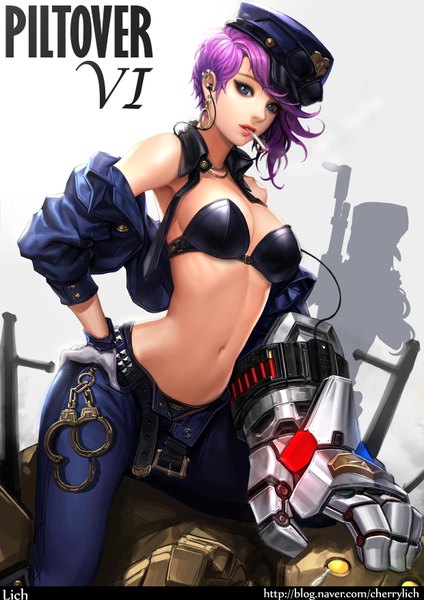 Anime picture 2480x3508 with league of legends vi (league of legends) ake (cherrylich) tall image looking at viewer fringe highres short hair breasts blue eyes light erotic simple background white background bare shoulders purple hair open clothes open jacket bare belly shadow makeup