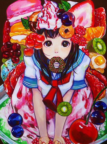 Anime picture 1383x1858 with original tatsumi (serao) single long hair tall image looking at viewer fringe open mouth brown hair purple hair multicolored hair black eyes two-tone hair short sleeves girl uniform serafuku food sweets leaf (leaves)