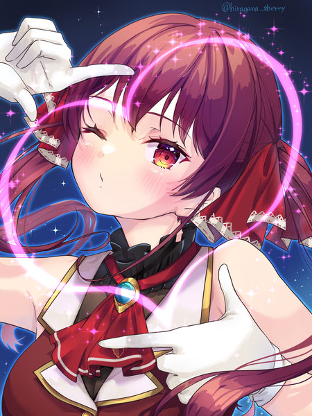 Anime picture 3072x4096 with virtual youtuber hololive houshou marine houshou marine (1st costume) hiragana sherry single long hair tall image looking at viewer blush highres red eyes twintails signed absurdres upper body red hair one eye closed wink sparkle