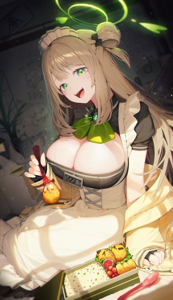 Anime picture 2378x4127 with blue archive nonomi (blue archive) mincho single long hair tall image highres breasts open mouth light erotic brown hair large breasts green eyes cleavage :d hair bun (hair buns) character names girl gloves food