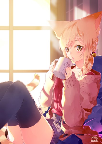 Anime-Bild 1414x2000 mit original lili mdoki single long hair tall image looking at viewer blush fringe open mouth light erotic blonde hair hair between eyes sitting holding signed animal ears yellow eyes payot indoors tail