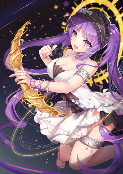 Anime picture 848x1200 with fate (series) fate/grand order euryale (fate) l.bou single tall image fringe breasts open mouth light erotic smile hair between eyes twintails purple eyes bare shoulders holding cleavage purple hair bent knee (knees) very long hair