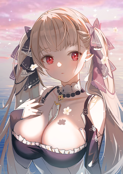 Anime picture 868x1228 with azur lane formidable (azur lane) haitu single long hair tall image fringe breasts light erotic blonde hair red eyes large breasts twintails looking away cleavage upper body between breasts girl flower (flowers) bow