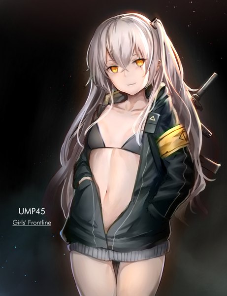 Anime picture 1113x1447 with girls frontline ump45 (girls frontline) tama satou single long hair tall image looking at viewer fringe light erotic hair between eyes standing yellow eyes payot silver hair head tilt light smile inscription bare legs copyright name character names