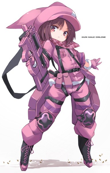 Anime picture 959x1500 with sword art online sword art online alternative: gun gale online a-1 pictures llenn (sao) karukan (monjya) single tall image blush fringe short hair simple background hair between eyes brown hair standing white background holding looking away full body pink eyes copyright name