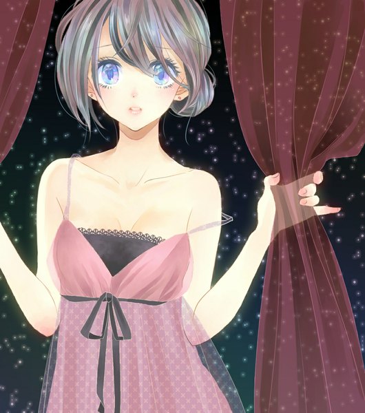 Anime picture 1040x1178 with original ru should tall image looking at viewer blush blue eyes bare shoulders holding lips grey hair night teeth lipstick sad girl dress earrings curtains