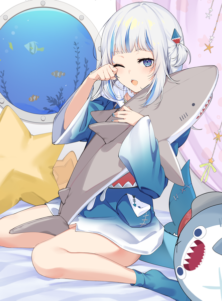 Anime picture 1303x1762 with virtual youtuber hololive hololive english gawr gura gawr gura (1st costume) bloop (gawr gura) ikomochi single long hair tall image fringe open mouth blue eyes sitting silver hair indoors blunt bangs nail polish multicolored hair two-tone hair