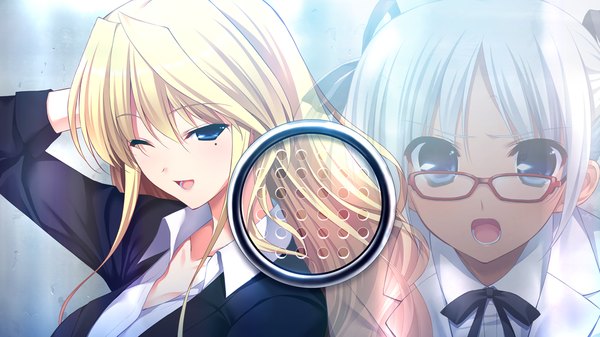 Anime picture 1280x720 with grisaia no kajitsu harudera yuria fumio (ura fmo) long hair open mouth blonde hair wide image multiple girls blue hair game cg one eye closed wink girl bow 2 girls hair bow glasses