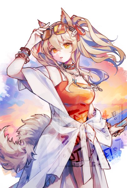 Anime picture 2362x3496 with arknights angelina (arknights) angelina (summer flowers) (arknights) mido (mido chen) single long hair tall image looking at viewer fringe highres blonde hair hair between eyes standing twintails animal ears yellow eyes tail animal tail official alternate costume sunglasses on head