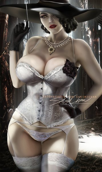 Anime picture 596x1000 with resident evil resident evil village alcina dimitrescu sakimichan single tall image looking at viewer short hair breasts light erotic black hair large breasts standing bare shoulders signed cleavage indoors arm up realistic hand on hip