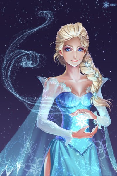 イラスト 2000x3000 と frozen (disney) ディズニー elsa (frozen) 果子狸 ソロ 長髪 長身像 highres 青い目 金髪 looking away 三つ編み light smile magic dark background 女の子 ドレス 髪飾り 六花 snowflake hair ornament