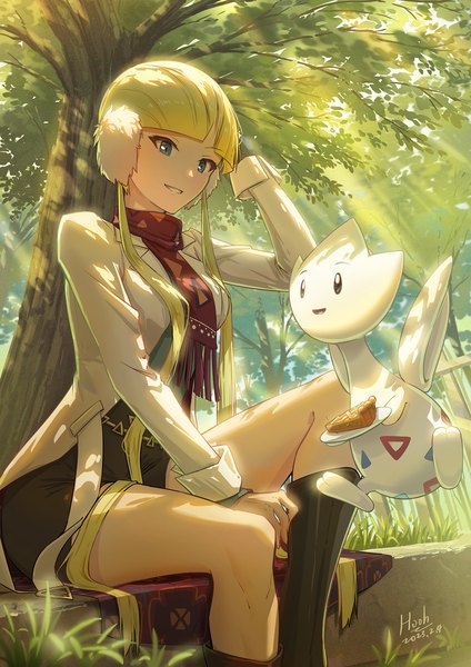 Anime picture 1131x1600 with pokemon pokemon black and white nintendo elesa (pokemon) togetic ho-oh (artist) single tall image fringe blonde hair smile sitting signed looking away outdoors blunt bangs very long hair parted lips arm up sunlight
