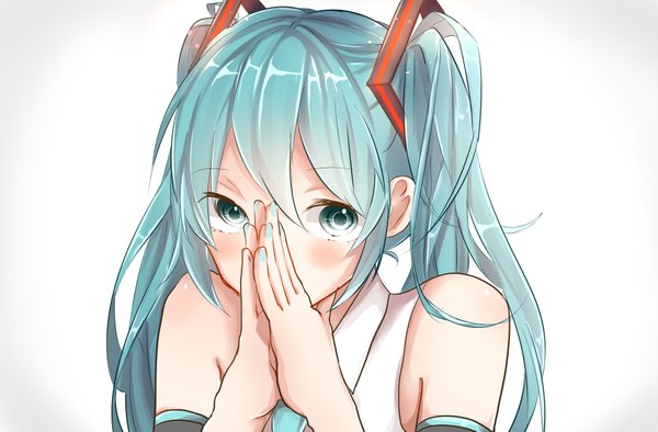 Anime picture 1786x1175 with vocaloid hatsune miku mai mugi single long hair looking at viewer blush fringe highres simple background white background twintails nail polish aqua eyes aqua hair covering hand on face aqua nail polish girl detached sleeves