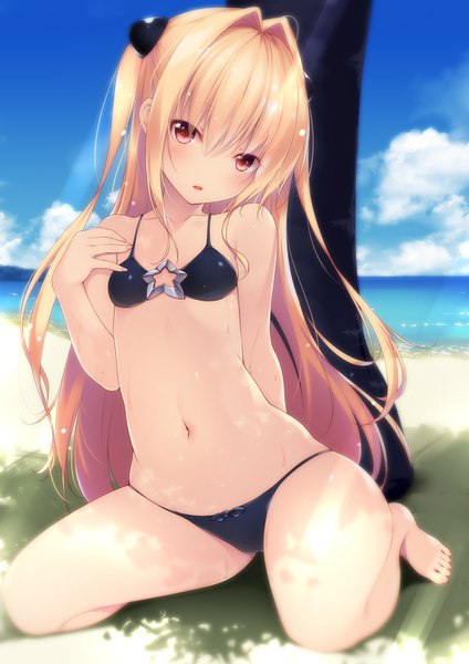 Anime picture 1130x1600 with toloveru toloveru darkness xebec konjiki no yami shokuyou mogura single long hair tall image looking at viewer blush fringe open mouth light erotic blonde hair hair between eyes red eyes sitting bare shoulders sky cloud (clouds)