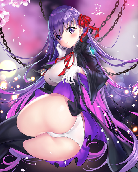 Anime picture 1414x1757 with fate (series) fate/extra fate/extra ccc bb (fate) (all) bb (fate/extra) ttaji (pass35) single long hair tall image looking at viewer blush fringe breasts light erotic smile purple eyes signed purple hair ass blurry