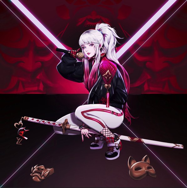 Anime picture 1864x1872 with original paul (shiramune) single tall image looking at viewer highres blue eyes payot full body white hair ponytail red hair nail polish lipstick gradient hair squat eyeshadow red lipstick sheathed makeup