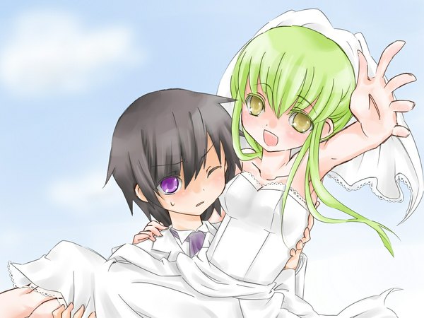 Anime picture 1192x894 with code geass sunrise (studio) c.c. lelouch lamperouge long hair fringe short hair open mouth black hair hair between eyes purple eyes bare shoulders yellow eyes payot sky cloud (clouds) upper body head tilt one eye closed green hair