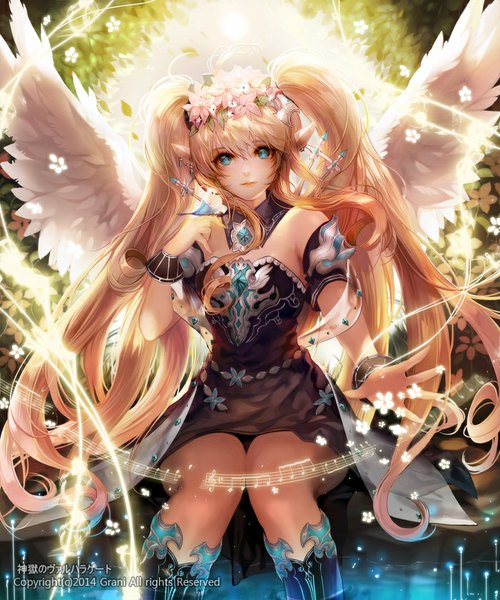 Anime picture 700x840 with original dapang single long hair tall image looking at viewer fringe blonde hair smile sitting twintails bare shoulders bent knee (knees) hair flower sunlight outstretched arm white wings shiny girl dress