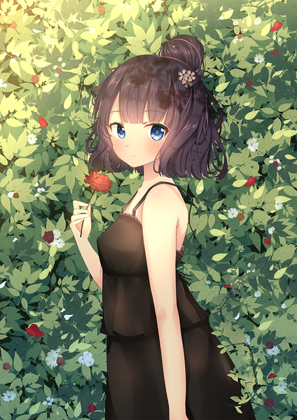 Anime picture 827x1169 with fate (series) fate/grand order katsushika hokusai (fate/grand order) lokyin house single tall image looking at viewer fringe short hair blue eyes black hair standing holding outdoors hair flower girl dress flower (flowers) plant (plants) petals