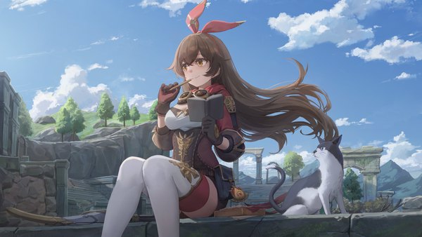 Anime picture 4096x2304 with genshin impact amber (genshin impact) free style (yohan1754) single long hair blush fringe highres smile hair between eyes brown hair wide image sitting holding brown eyes looking away absurdres sky cloud (clouds) outdoors