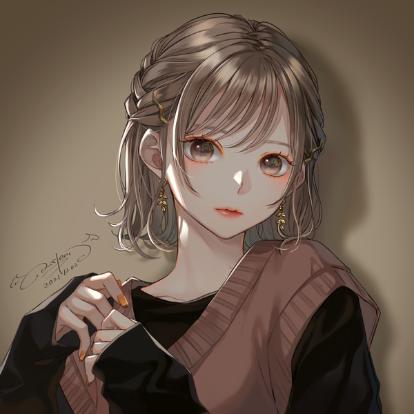 Anime picture 1800x1800 with original ao+beni single looking at viewer fringe highres short hair simple background brown hair brown eyes signed upper body braid (braids) long sleeves nail polish fingernails shadow lipstick dated sleeves past wrists