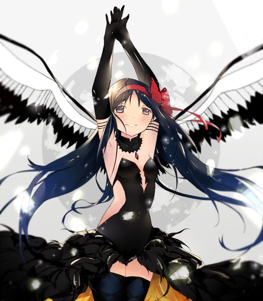 Anime picture 1000x1145 with mahou shoujo madoka magica shaft (studio) akemi homura akuma homura shutun single long hair tall image blush black hair smile black eyes armpit (armpits) rhombus girl thighhighs dress gloves ribbon (ribbons) black thighhighs