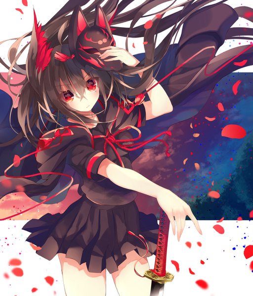 Anime picture 1078x1263 with original asaki yukiko nekoboshi sakko single long hair tall image looking at viewer blush fringe hair between eyes red eyes brown hair animal ears sky pleated skirt arm up wind mole short sleeves mole under eye