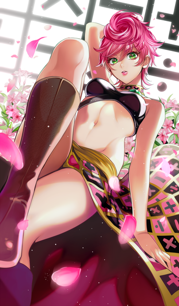 Anime picture 750x1278 with jojo no kimyou na bouken trish una matsurika youko single tall image looking at viewer fringe short hair breasts light erotic hair between eyes sitting bare shoulders green eyes pink hair bent knee (knees) parted lips arm up lips bare belly