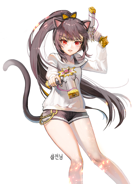 Anime picture 3606x4760 with blade & soul hyoin single long hair tall image looking at viewer fringe highres simple background red eyes standing white background holding animal ears payot absurdres ponytail tail blunt bangs long sleeves