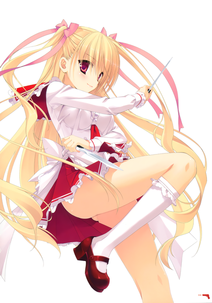 Anime picture 2435x3482 with hidan no aria mine riko kobuichi long hair tall image blush highres light erotic simple background blonde hair red eyes white background scan official art girl skirt uniform bow hair bow school uniform