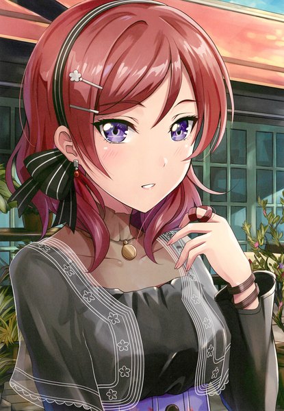 Anime picture 2085x3014 with love live! school idol project sunrise (studio) love live! nishikino maki shamakho single tall image blush highres short hair purple eyes looking away upper body outdoors red hair parted lips scan portrait girl hair ornament