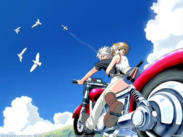 Anime picture 1600x1200 with rave master studio deen elie (rave) glory haru short hair brown hair brown eyes sky silver hair cloud (clouds) white hair looking back couple hug girl boy animal bird (birds) aircraft airplane