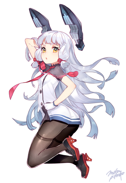 Anime picture 719x1042 with kantai collection murakumo destroyer mika pikazo single long hair tall image fringe simple background white background yellow eyes silver hair bent knee (knees) white hair parted lips adjusting hair short twintails jumping tress ribbon girl dress