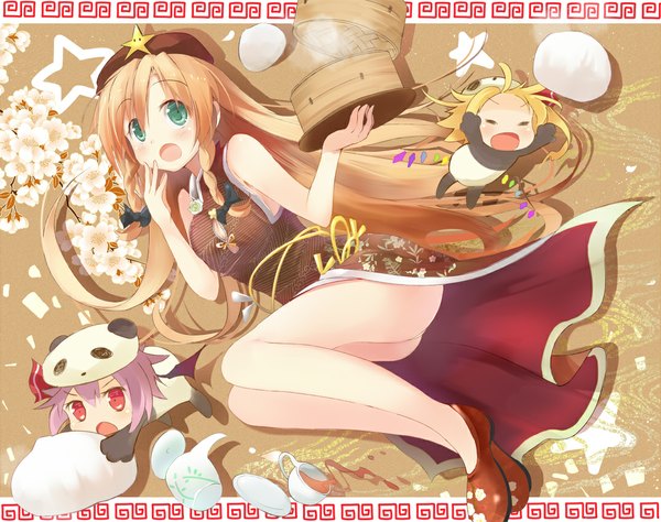 Anime picture 1075x850 with touhou flandre scarlet remilia scarlet hong meiling efe long hair blush short hair open mouth light erotic blonde hair red eyes bare shoulders multiple girls green eyes purple hair eyes closed orange hair cherry blossoms chinese clothes