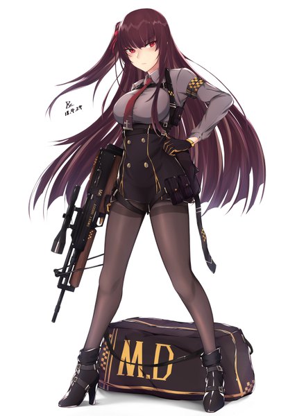 Anime picture 4960x7159 with girls frontline wa2000 (girls frontline) zhishi ge fangzhang single long hair tall image blush fringe highres breasts simple background hair between eyes red eyes brown hair standing white background signed looking away absurdres full body