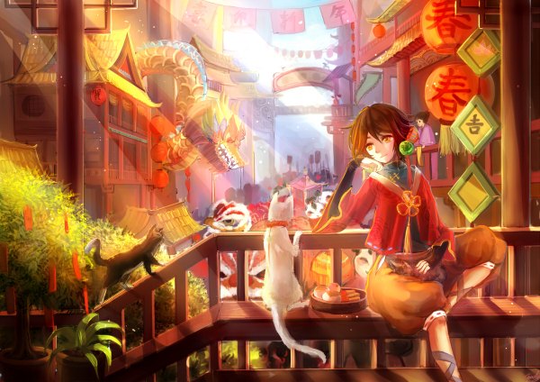 Anime picture 1200x848 with original guan tang baozi smile sitting multiple girls looking away bent knee (knees) traditional clothes japanese clothes light smile sunlight fantasy girl 2 girls plant (plants) animal food cat lamp dragon