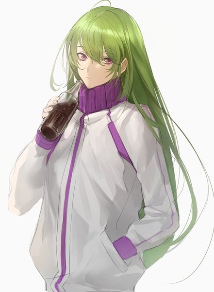 Anime picture 700x951 with fate (series) fate/strange fake enkidu (fate) az (kroneko007) single long hair tall image looking at viewer fringe simple background hair between eyes white background purple eyes upper body green hair hand in pocket boy jacket bottle drink