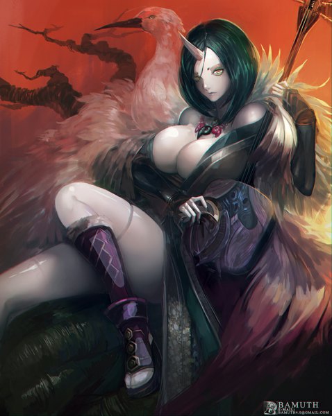 Anime picture 796x1000 with bamuth single tall image short hair breasts light erotic black hair large breasts bare shoulders yellow eyes looking away cleavage horn (horns) legs demon girl pale skin oni horns girl animal bird (birds)