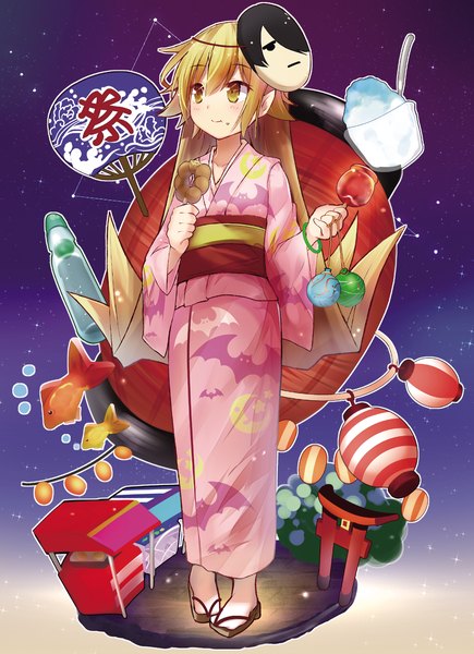 Anime picture 891x1227 with bakemonogatari shaft (studio) monogatari (series) oshino shinobu efe single long hair tall image blonde hair yellow eyes looking away traditional clothes japanese clothes pointy ears eating crescent animal print mask on head constellation festival