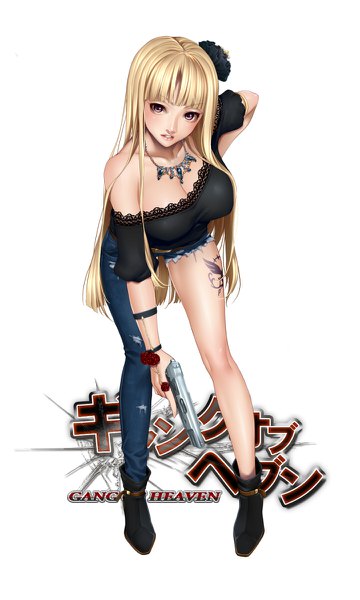 Anime picture 720x1200 with gang of heaven masami chie single long hair tall image looking at viewer fringe breasts light erotic simple background blonde hair white background bare shoulders brown eyes blunt bangs head tilt inscription tattoo copyright name girl