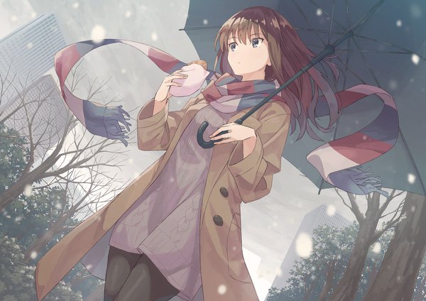 Anime picture 1200x848 with original k-me single long hair fringe hair between eyes brown hair holding looking away sky outdoors wind from below grey eyes dutch angle snowing winter walking bare tree girl