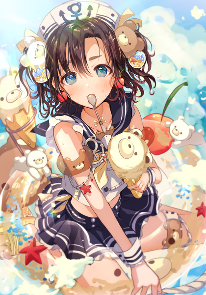 Anime picture 2866x4093 with original peach punch single tall image looking at viewer blush fringe highres short hair blue eyes hair between eyes brown hair sitting bare shoulders holding sky full body bent knee (knees) outdoors pleated skirt