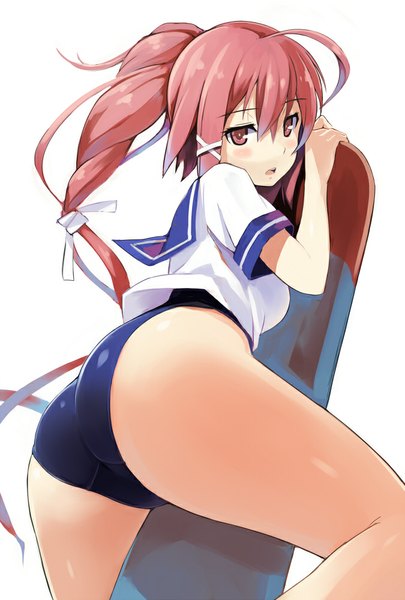 Anime picture 675x1000 with kantai collection i-168 submarine kekemotsu single tall image looking at viewer blush open mouth light erotic brown eyes pink hair ahoge ass ponytail very long hair from below girl hair ornament swimsuit one-piece swimsuit