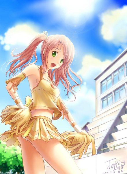 Anime picture 1024x1397 with jeffery (backam) single long hair tall image blush open mouth light erotic twintails green eyes pink hair cloud (clouds) girl miniskirt
